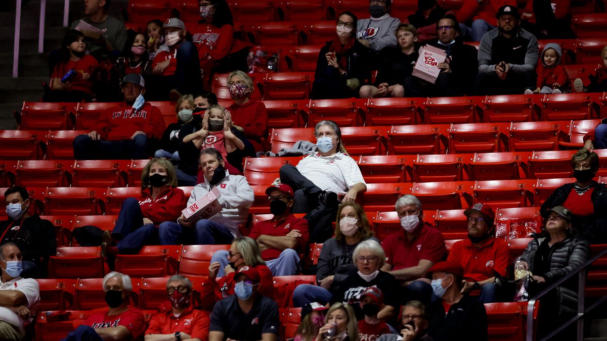 Fans watch the Utah Utes face the Washington State Cougars at the Huntsman Center in Salt Lake City on Saturday, Jan. 8, 2022.