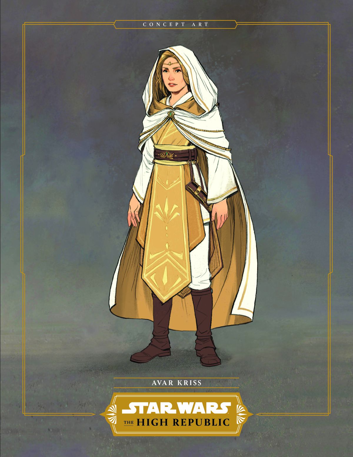 Avar Kriss in gold and white hooded Jedi regalia. 