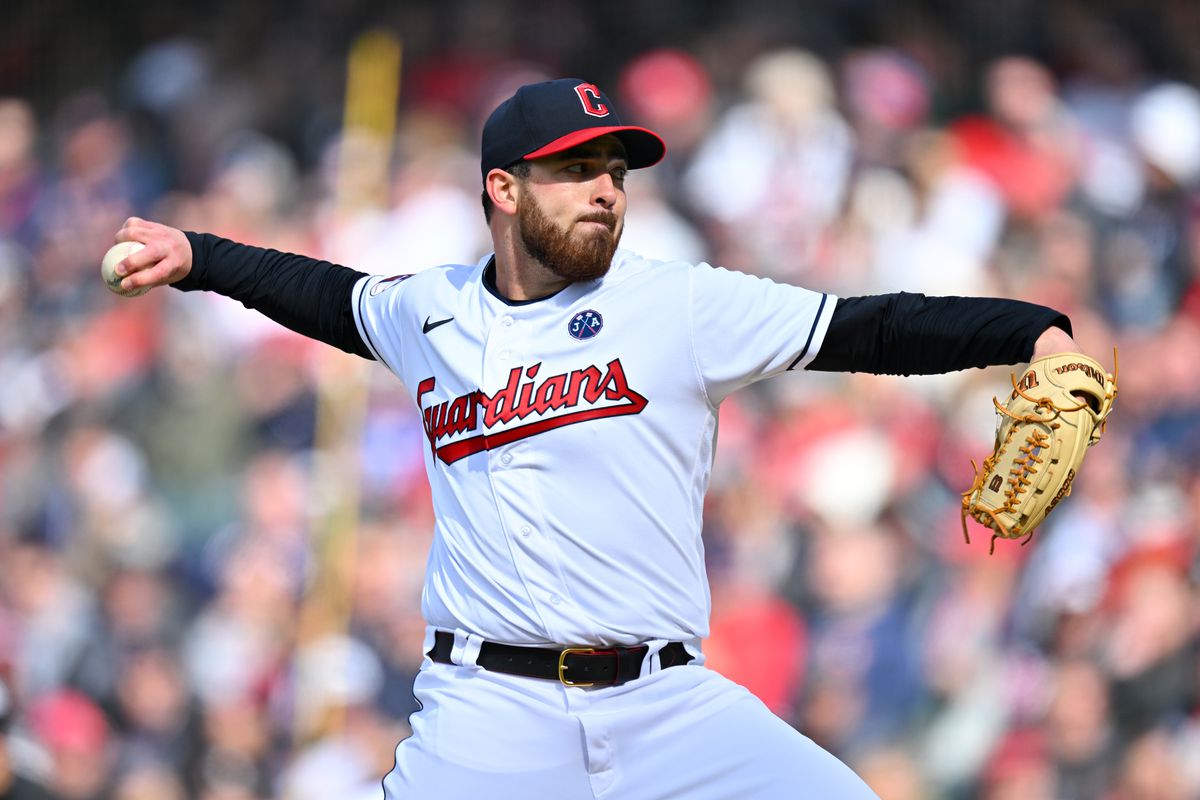 Starting pitcher Aaron Civale of the Cleveland Guardians pitches during the first inning of the home opener against the Seattle Mariners at Progressive Field on April 07, 2023 in Cleveland, Ohio.