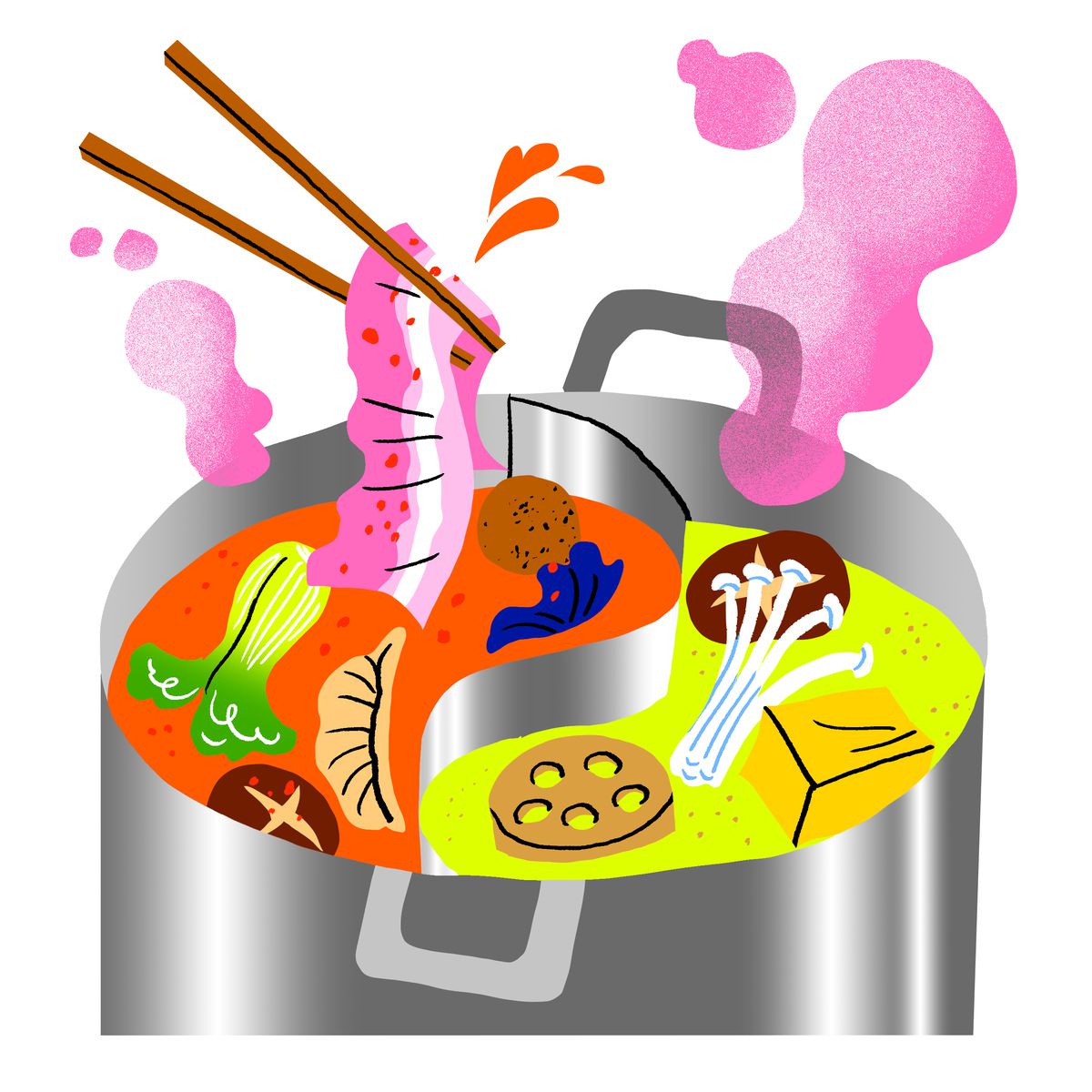 A hot pot full of meats and vegetables. Illustration.