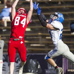 Kanab defensive back Jackson Swain intercepts a pass intended for a Rich receiver during a UHSAA 1A state semifinal football game at Weber State University in Ogden on Friday, Nov. 4, 2016. Kanab ousted Rich 21-0 and advances to the Class 1A state championship game.