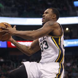 Utah Jazz forward Trevor Booker (33) goes up for a shot against Portland Friday, Feb. 20, 2015, at EnergySolutions Arena in Salt Lake City. The Jazz beat the Blazers, 92-76.