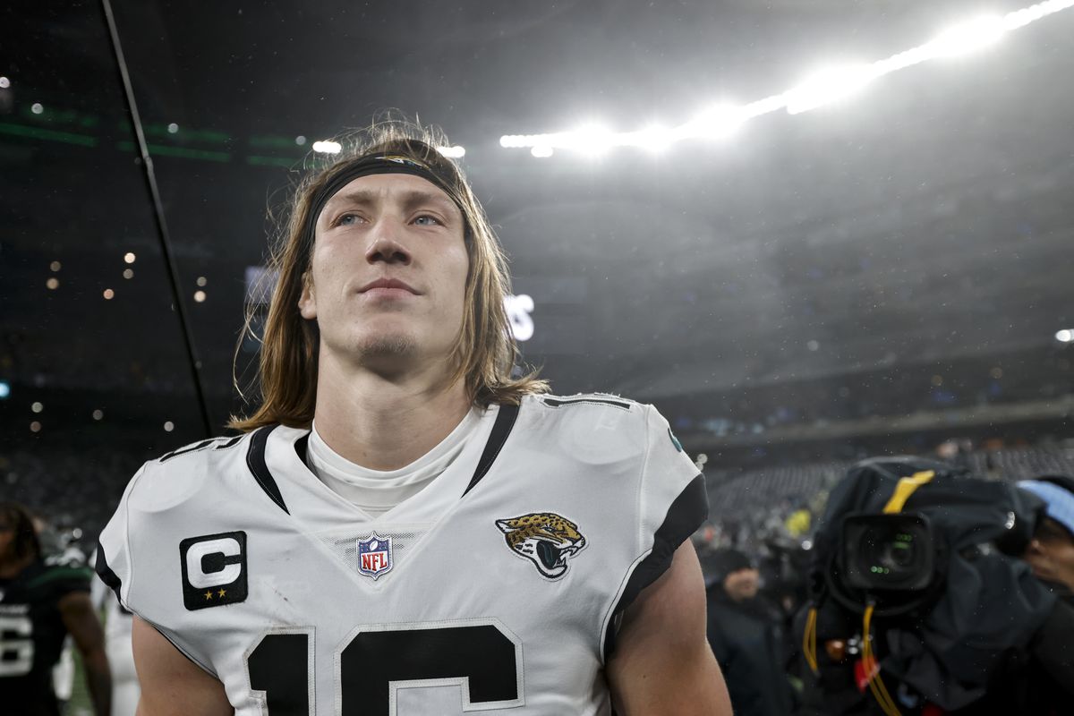 Trevor Lawrence #16 of the Jacksonville Jaguars reacts after defeating the New York Jets during an NFL football game between the New York Jets and the Jacksonville Jaguars at MetLife Stadium on December 22, 2022 in East Rutherford, New Jersey.