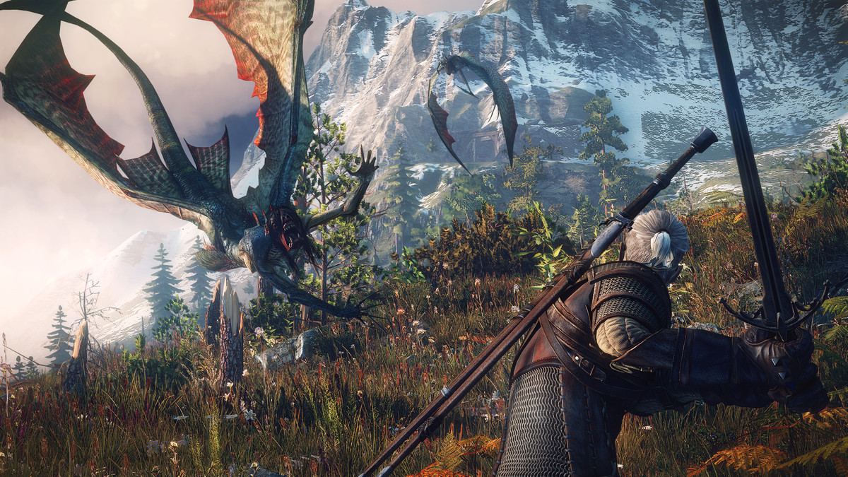 The Witcher 3: Wild Hunt - Geralt fighting flying beasts