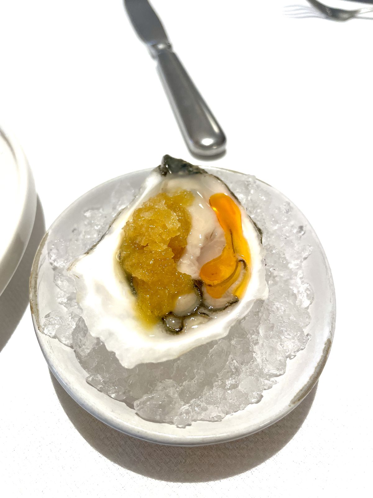 A single oyster sits on a white plate. There is frozen granata in it, along with chile oil.