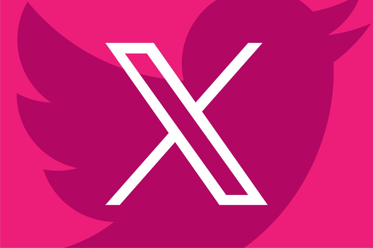A pink Twitter bird logo, with the company’s new X logo in white overlayed.