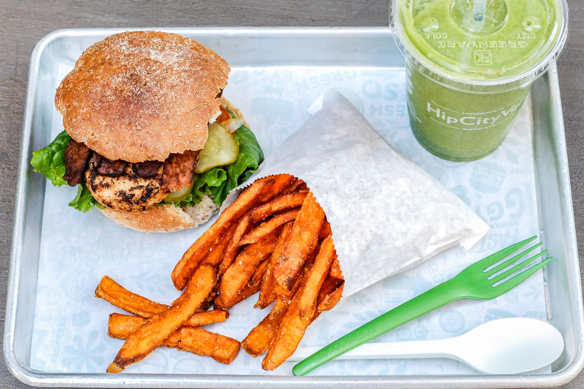 Chick'n Club with Groothie green smoothie and sweet potato fries at HipCityVeg