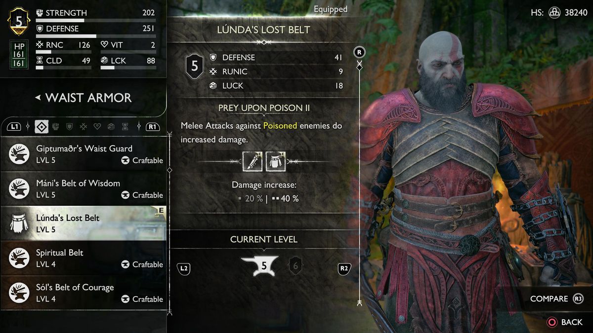 Kratos wears Lunda’s lost belt in the best armor menu for God of War Ragnarok.