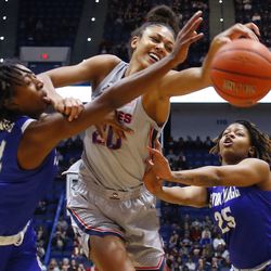 The Seton Hall Pirates take on the UConn Huskies in a women’s college basketball game at the XL Center in Hartford, CT on December 8, 2018.