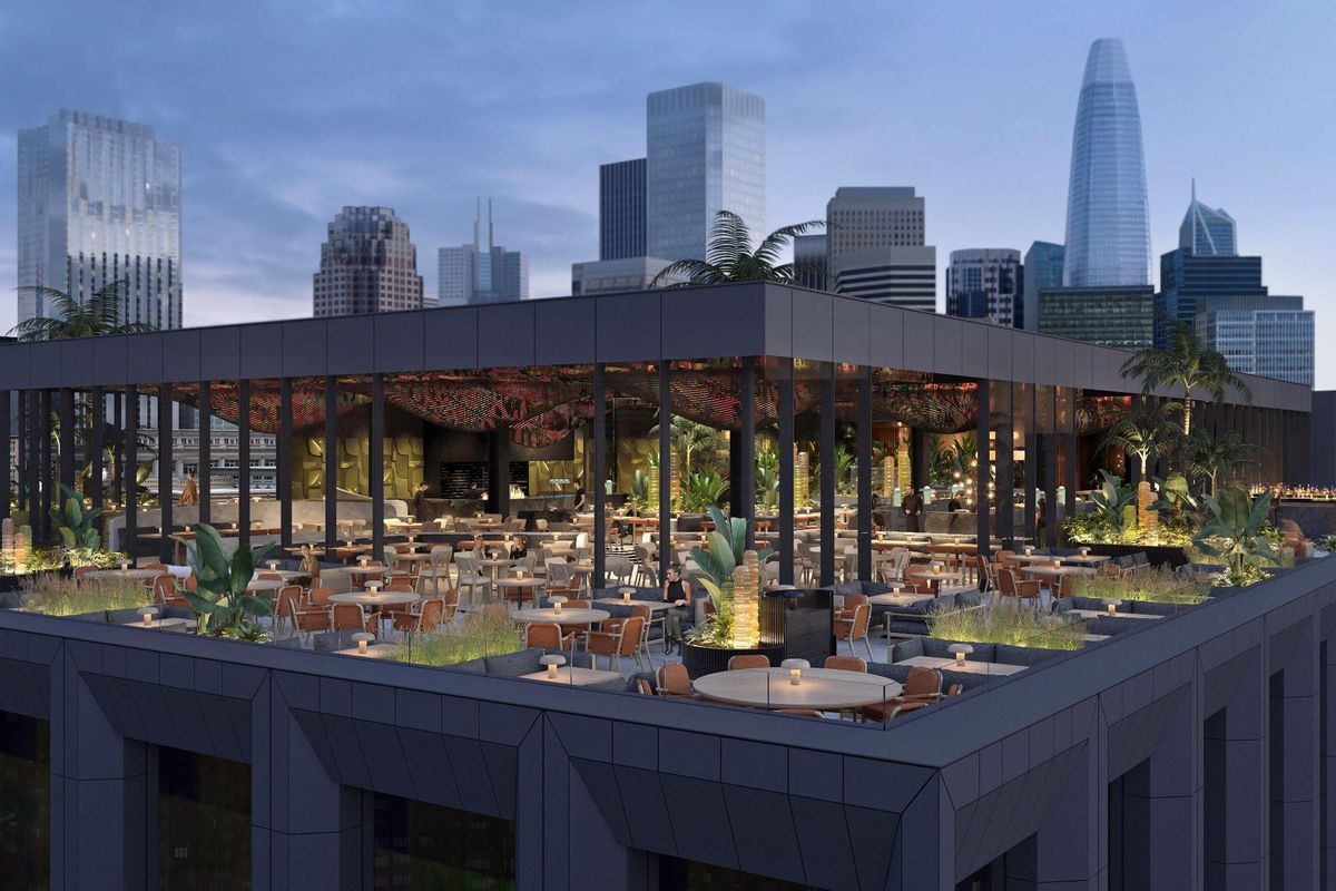 A rendering of a rooftop restaurant.