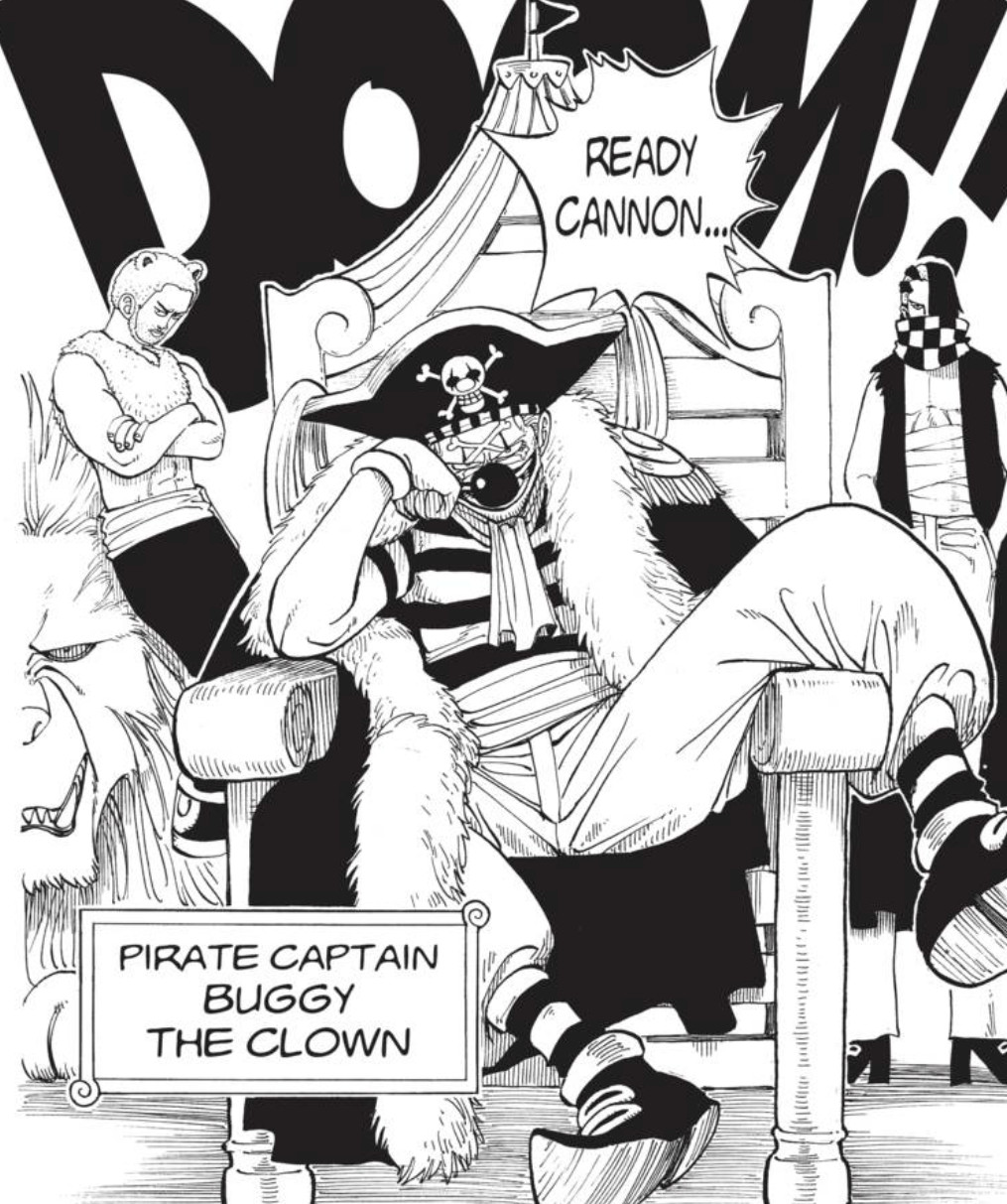 Buggy, from One Piece in the manga. He is the pirate captain known as Buggy the clown. He is leaning in a throne-like chair. He’s leaning on one hand and has his other left slung over an arm of the chair. 
