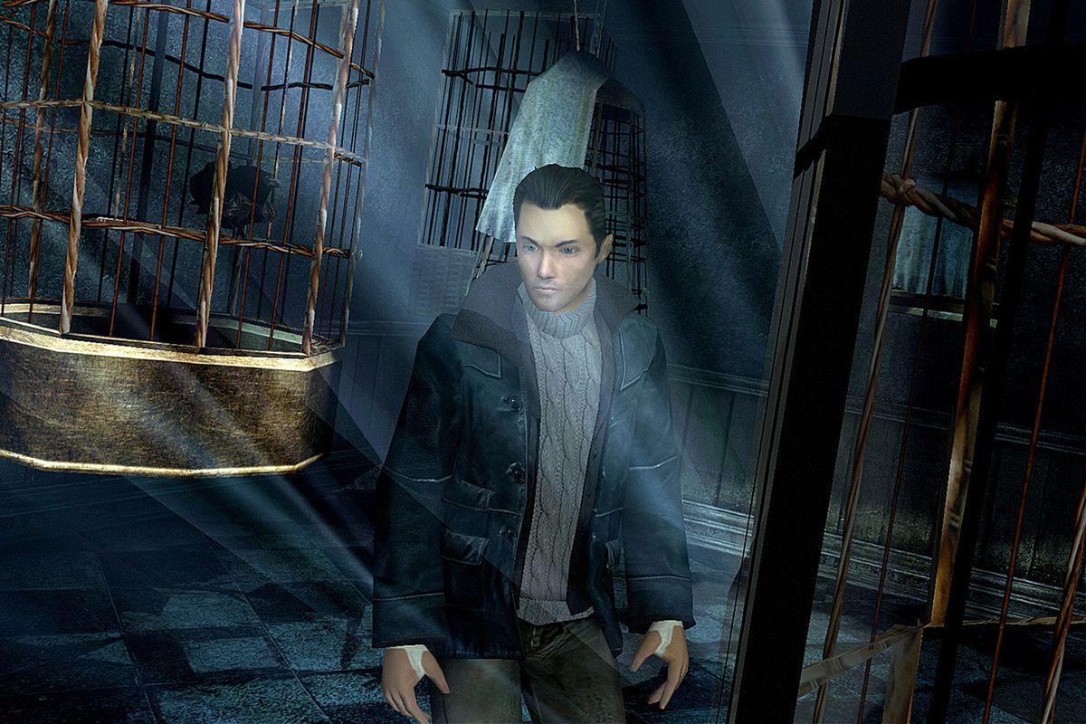 indigo prophecy-- lucas kane stands in a dark room surrounded by giant bird cages