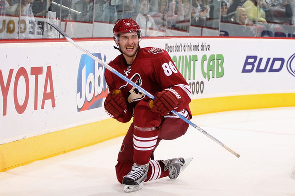 Wojtek Wolski (86) of the Phoenix Coyotes celebrates a goal. Wolski has been traded to the New York Rangers.  (Photo by Christian Petersen/Getty Images)