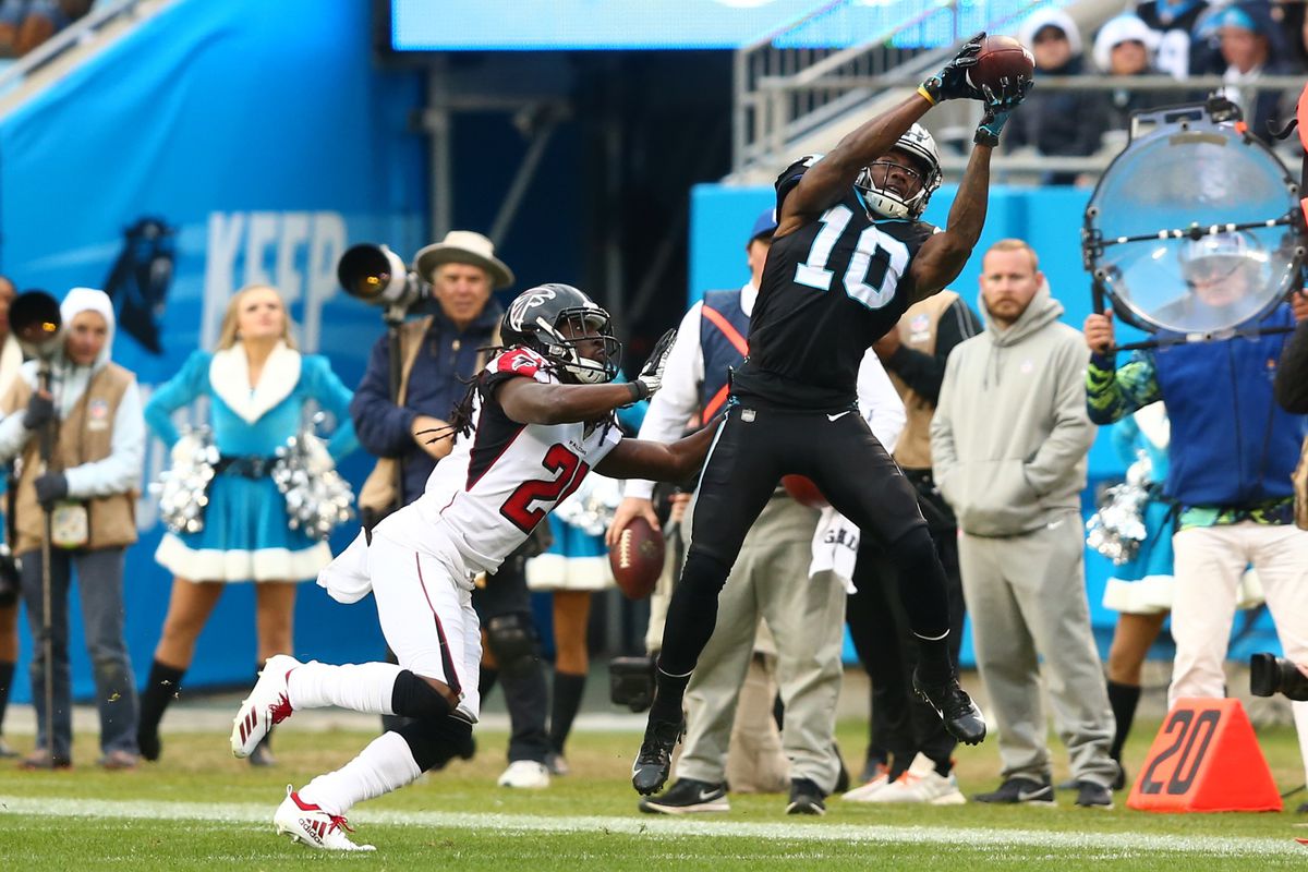 Panthers wide receiver Curtis Samuel catches a pass in front of Falcons cornerback Desmond Trufant at Bank of America Stadium.&nbsp;