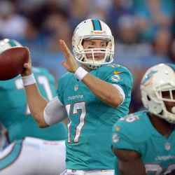 Aug 4, 2013; Canton, OH, USA; Miami Dolphins quarterback Ryan Tannehill (17) throws a pass against the Dallas Cowboys in the 2013 Hall of Fame Game at Fawcett Stadium.
