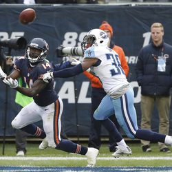 Chicago Bears wide receiver Deonte Thompson (14) makes a touchdown reception against Tennessee Titans cornerback LeShaun Sims (36) during the second half of an NFL football game, Sunday, Nov. 27, 2016, in Chicago. (AP Photo/Charles Rex Arbogast)