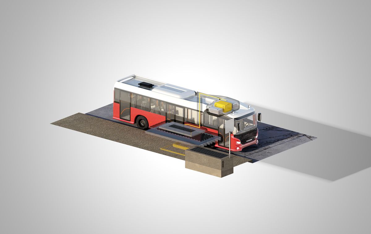 A rendering of a wireless bus charging station