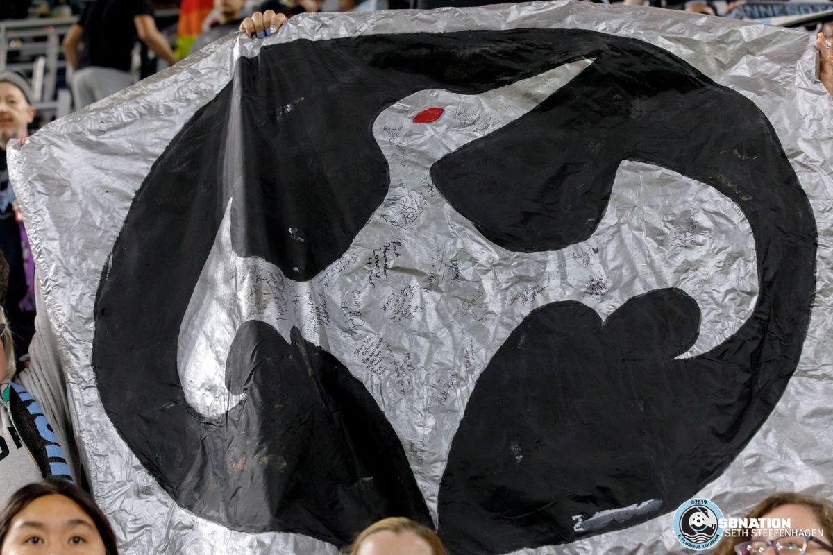 October 20, 2019 - Saint Paul, Minnesota, United States - Fans hold up a signed banner of the bat signal to call over Minnesota United midfielder Miguel Ibarra (10) to pass on the banner and say good bye after the 2-1 loss to the LA Galaxy in the first round playoff match at Allianz Field. 
