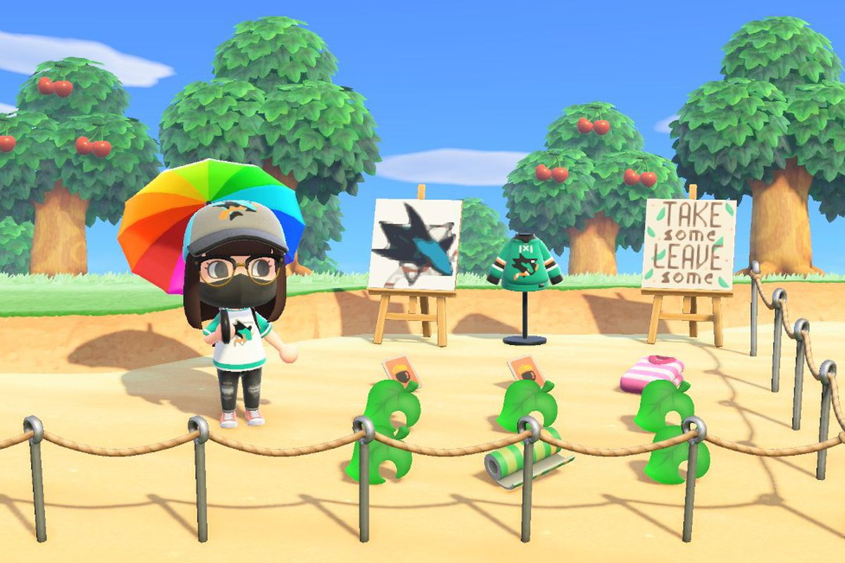 San Jose Sharks, NHL fan’s character in Animal Crossing: New Horizons, shown hosting a swap meet on their island.
