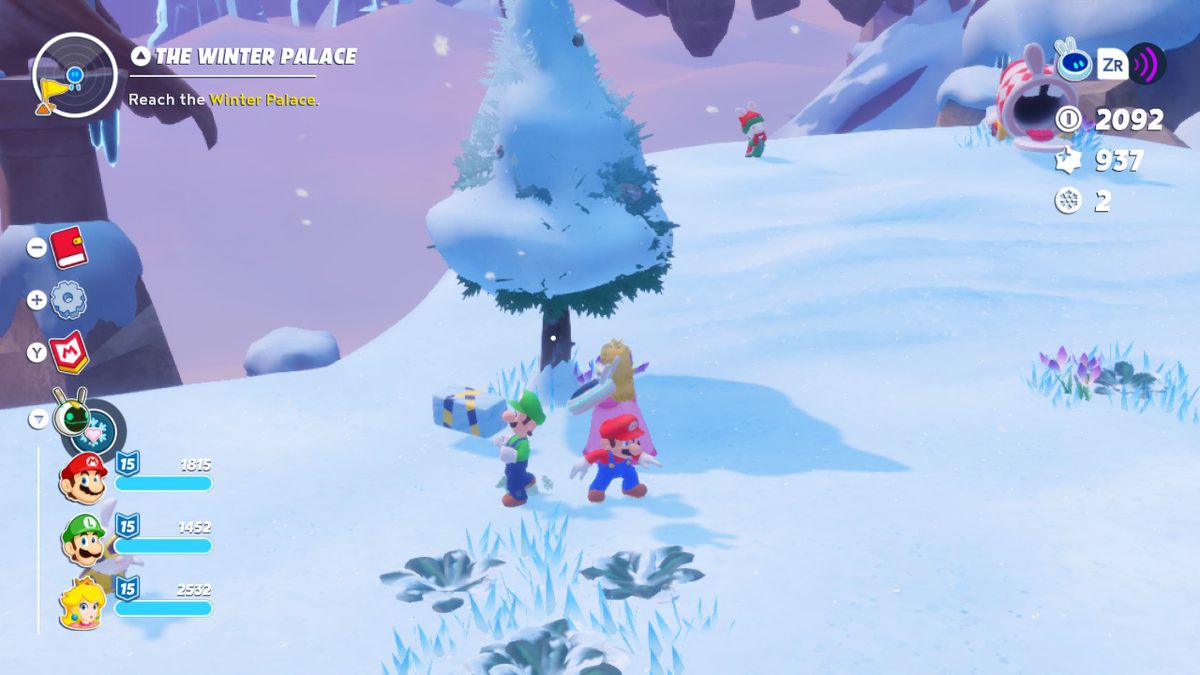 Peach, Mario, and Luigi shake the third Igloo brick out of a tree for the Igloo Breakthrough quest in Mario + Rabbids Sparks of Hope