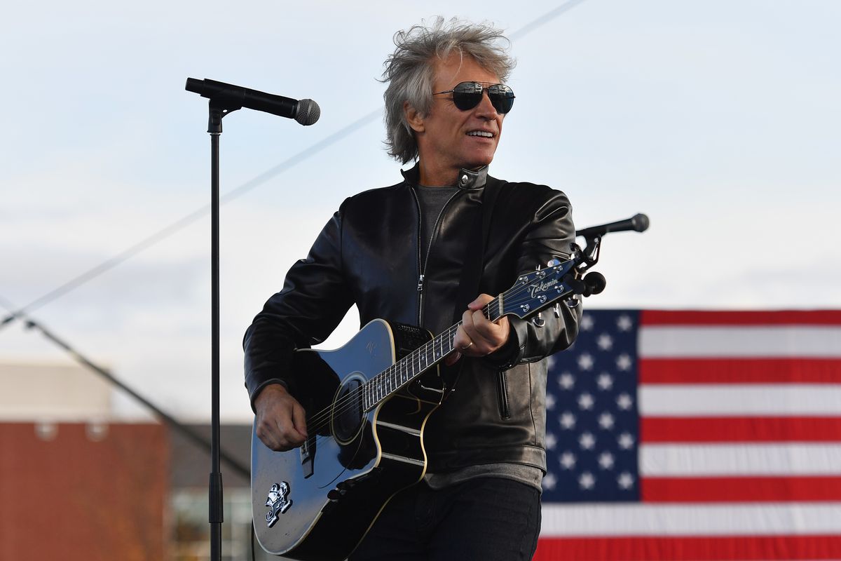 Singer Jon Bon Jovi performs during a Biden-Harris Drive-In event at Dallas High School, in Dallas, Pennsylvania, on October 24, 2020.&nbsp;