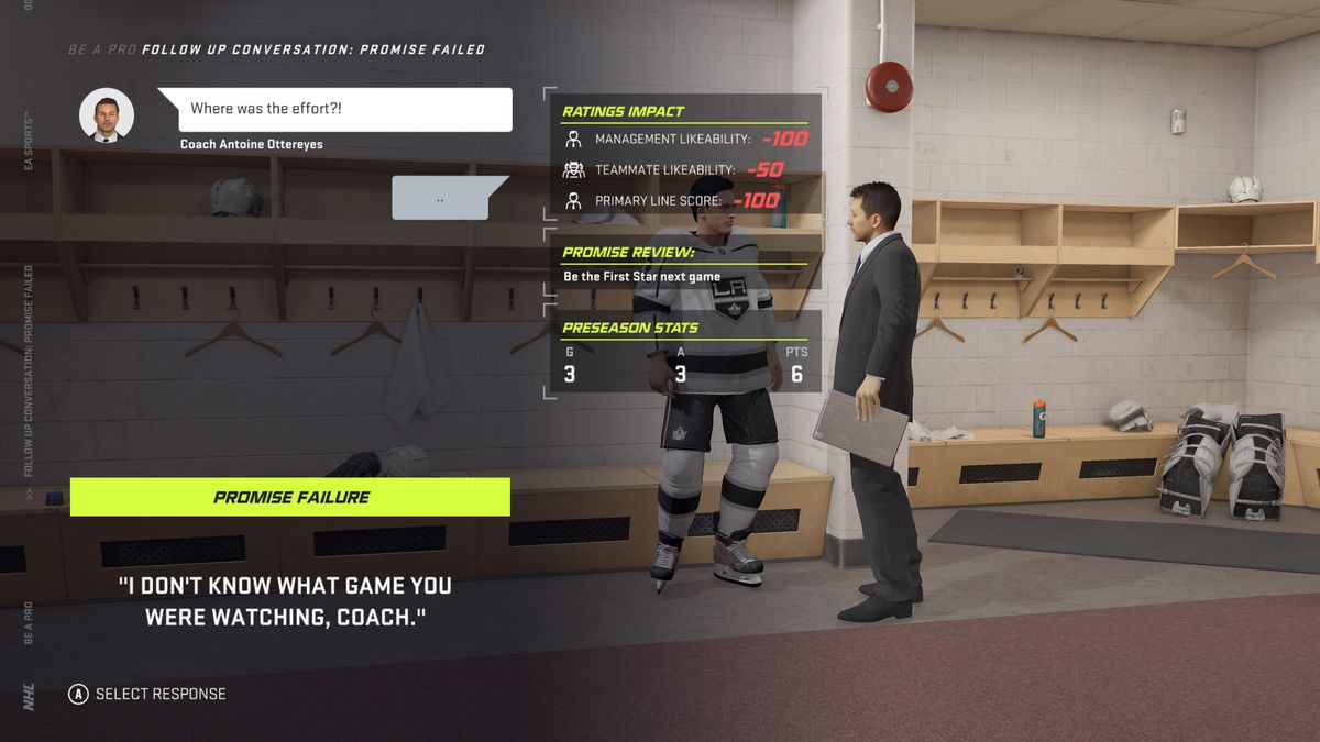 a Los Angeles Kings player talking with his head coach in the locker room, with a text overlay showing their conversation in NHL 21’s Be a Pro mode, in which the coach asks, “Where was the effort?”