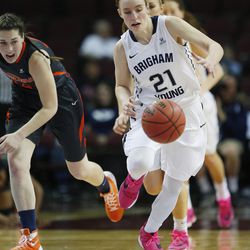 Brigham Young Cougars guard Lexi Eaton Rydalch (21) steals the ball during the WCC tournament in Las Vegas Friday, March 4, 2016. BYU won 72-59. 