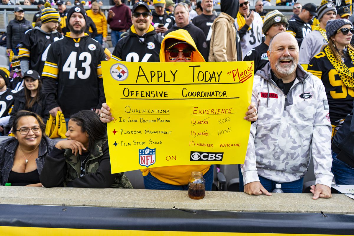 A Pittsburgh Steelers fan holds a sign during the regular season NFL football game between the Baltimore Ravens and Pittsburgh Steelers on October 08, 2023 at Acrisure Stadium in Pittsburgh, PA.