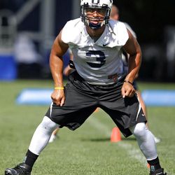 Linebacker Kyle Van Noy practices with the BYU football team at BYU in Provo on Monday, Aug.  6, 2012.