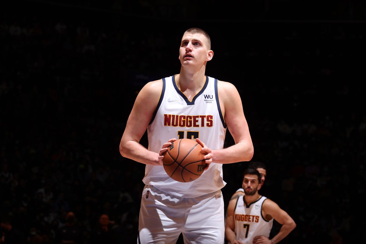 Nikola Jokic #15 of the Denver Nuggets shoots a free throw during the game against the Brooklyn Nets on January 26, 2022 at Barclays Center in Brooklyn, New York.&nbsp;