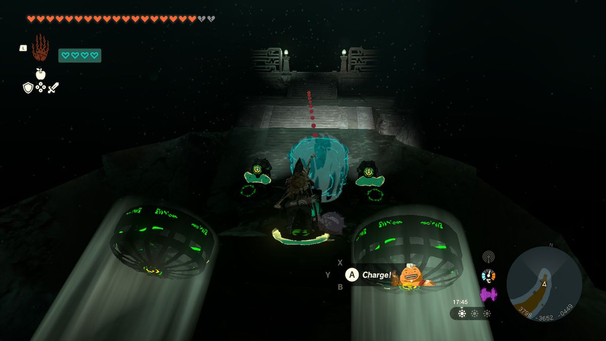 Link rides a hovercraft boat across water in the Depths while looking for Wind Armor in Zelda Tears of the Kingdom.