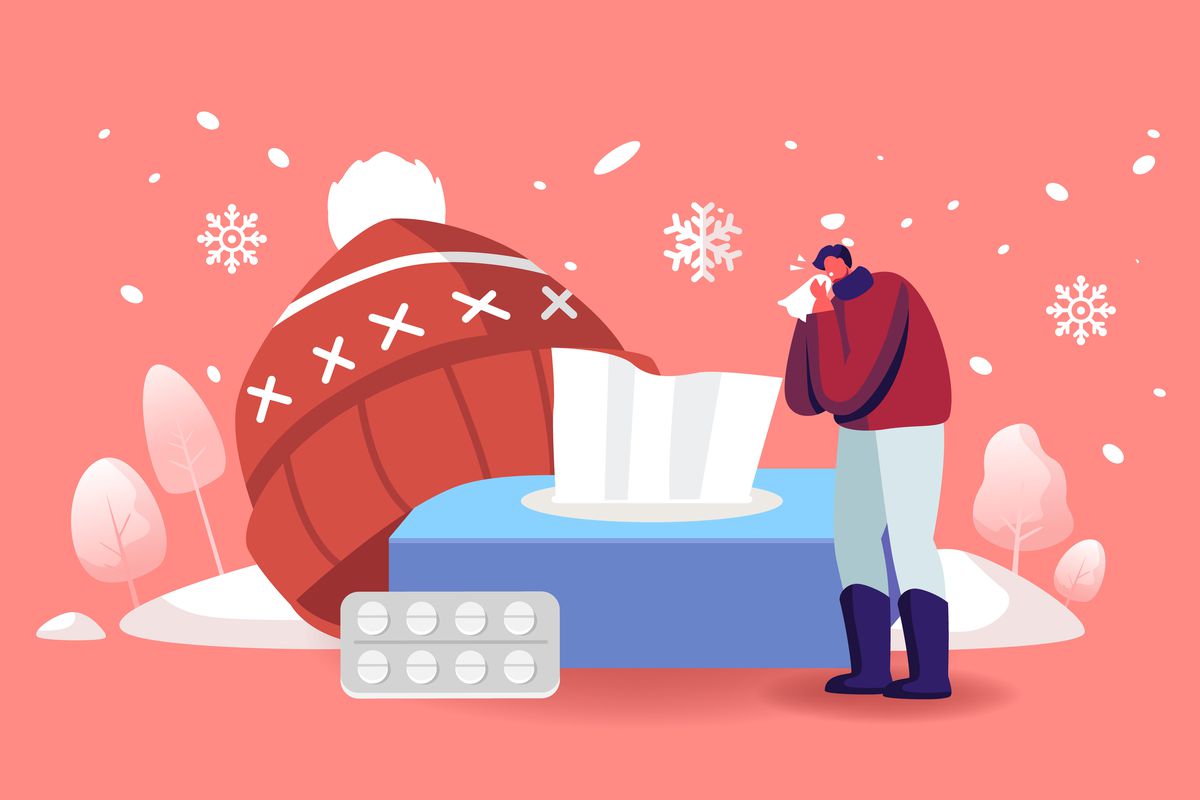 Illustration of a snowy scene containing a huge box of tissues, a blister pack of pills, a large warm hat, and a small person blowing their nose.
