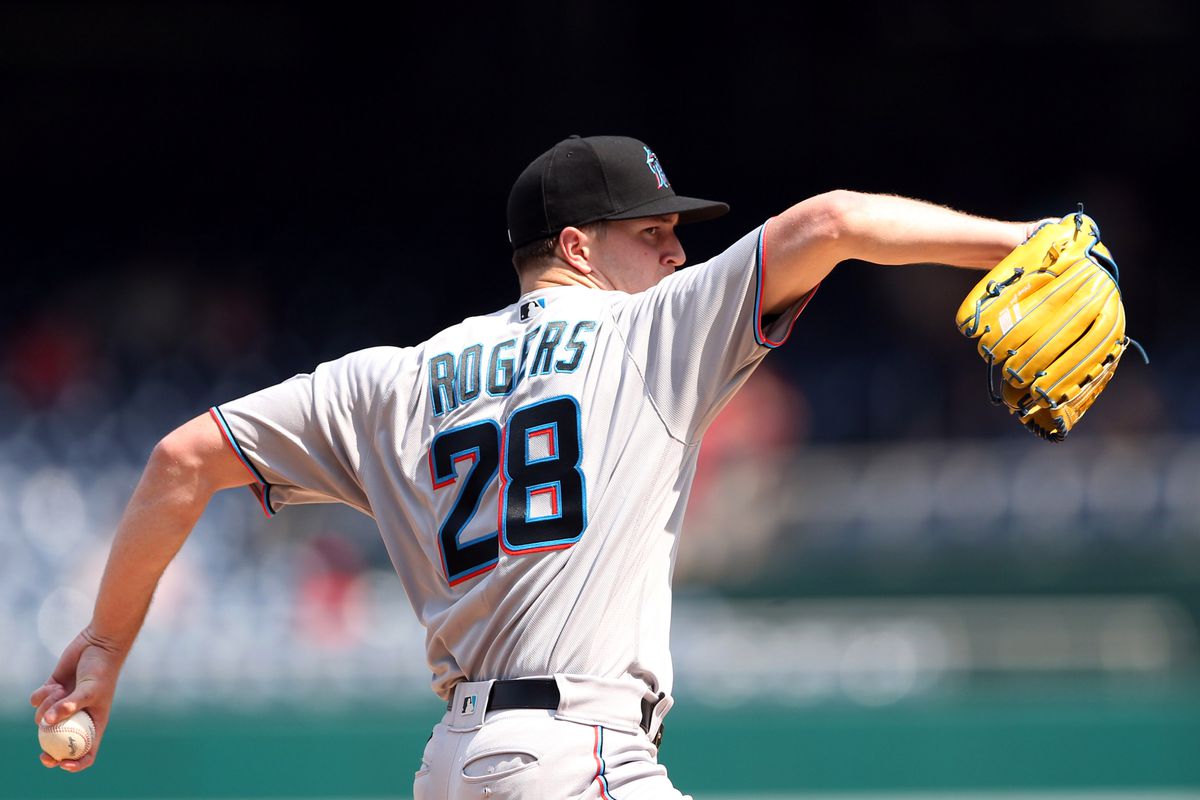 Trevor Rogers #28 of the Miami Marlins pitches during the game between the Miami Marlins and the Washington Nationals at Nationals Park