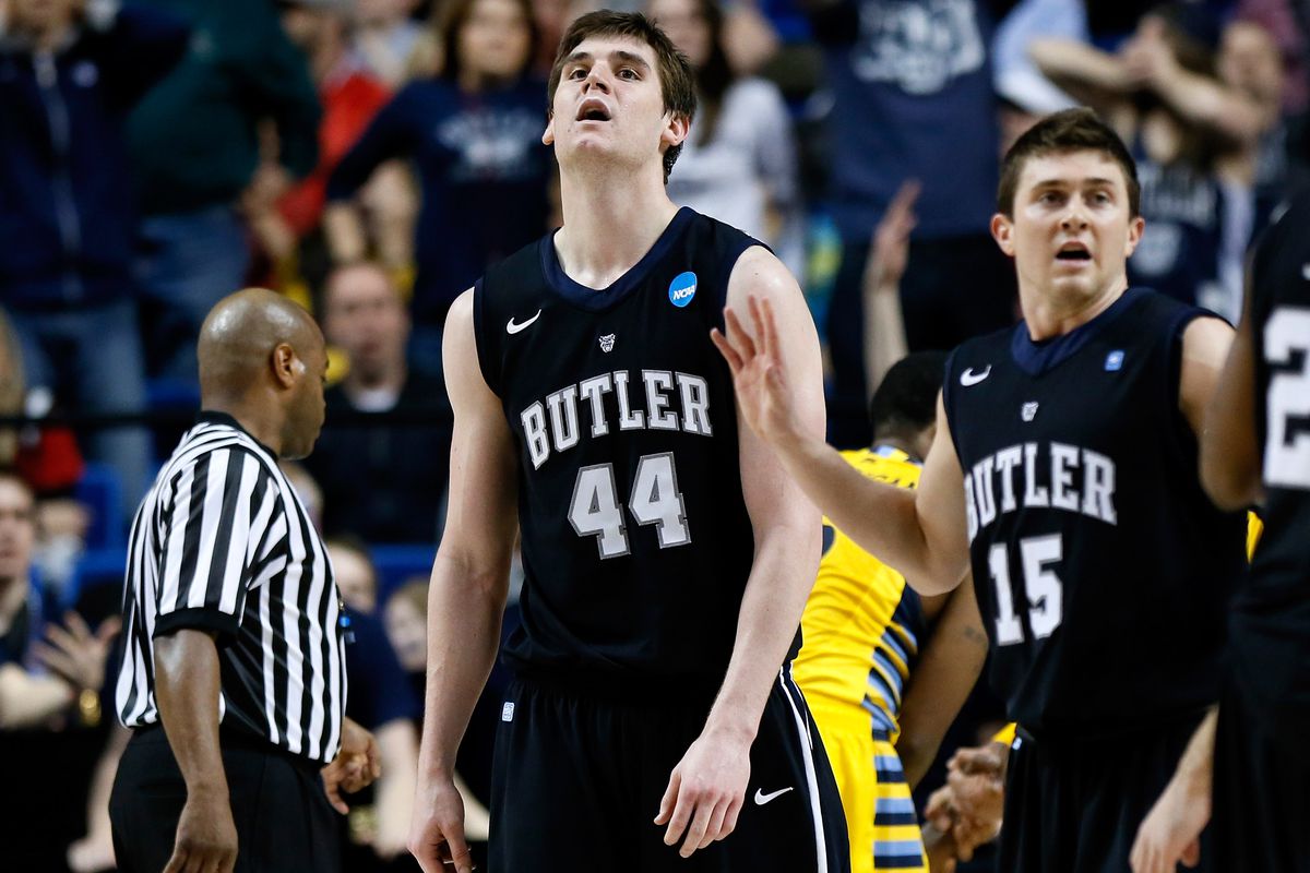 LEXINGTON, KY - MARCH 23: Andrew Smith #44 and Rotnei Clarke #15 of the Butler Bulldogs react after a play late in the game against the Marquette Golden Eagles during the third round of the 2013 NCAA Men's Basketball Tournament