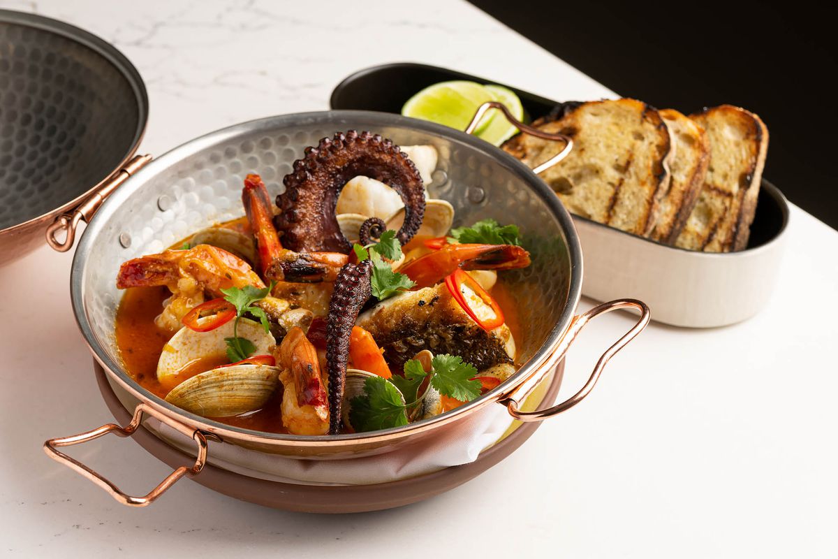 A seafood stew dish called seven seas cataplana from Corteza restaurant in Los Angeles, California.