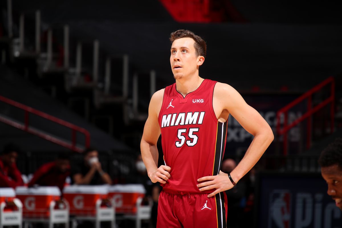 Duncan Robinson of the Miami Heat looks on during the game against the New Orleans Pelicans on December 25, 2020 at American Airlines Arena in Miami, Florida.