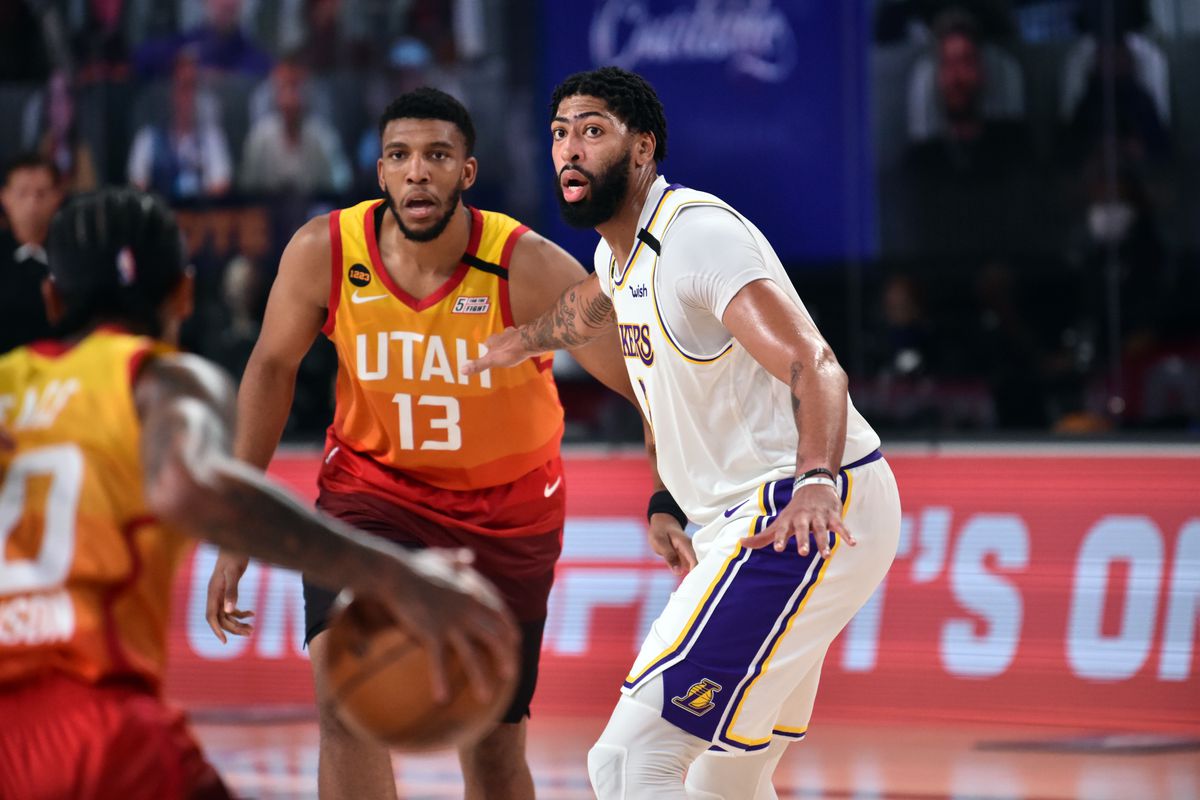 Anthony Davis of the Los Angeles Lakers plays defense against the Utah Jazz during a game on August 3, 2020 at The Arena at ESPN Wide World Of Sports Complex in Orlando, Florida.&nbsp;