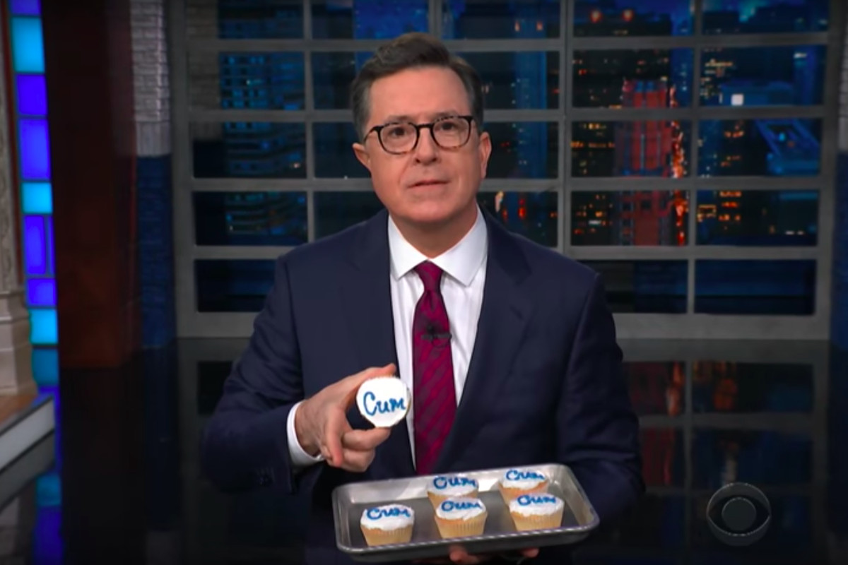 Stephen Colbert presenting “cum cakes” during Tuesday’s episode of the Late Show.