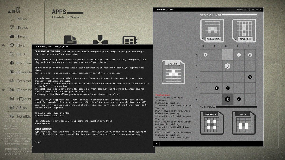 A chess minigame inside the computer desktop of Midnight Protocol