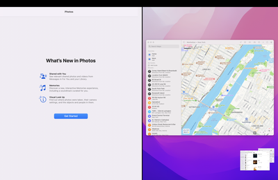 A screenshot of Split Screen view in macOS Monterey with Photos open on the left and Maps as an option on the right pane.