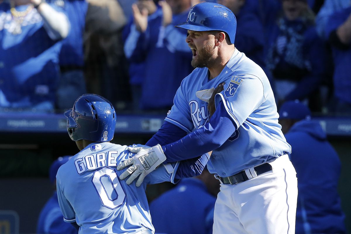 Lucas Duda #9 of the Kansas City Royals celebrates with Terrance Gore #0 after Gore scored the winning run on a single by Hunter Dozier #17 in the ninth inning during the game against the Cleveland Indians at Kauffman Stadium on April 14, 2019 in Kansas City, Missouri.