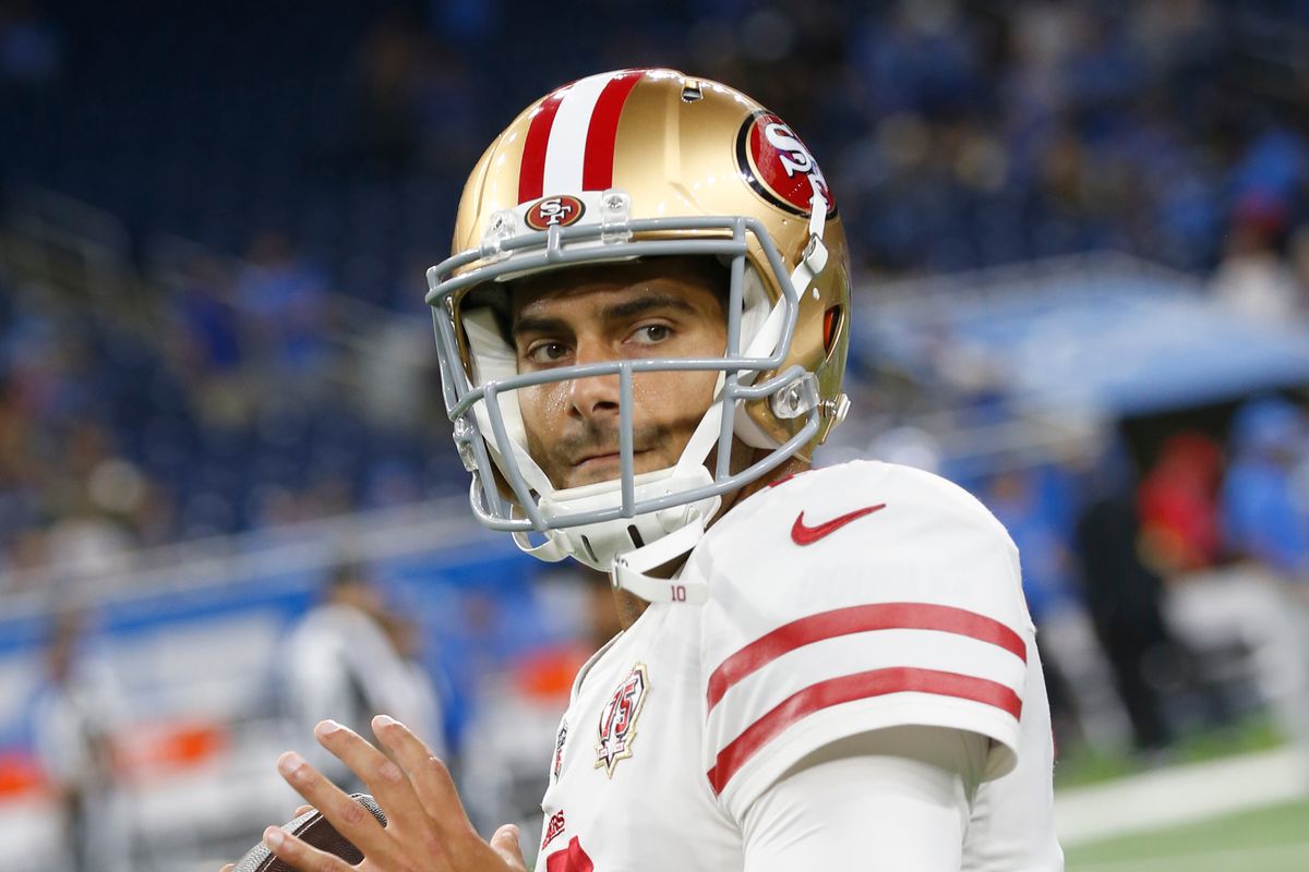 Jimmy Garoppolo #10 of the San Francisco 49ers on the field before the game against the Detroit Lions at Ford Field on September 12, 2021 in Detroit, Michigan.