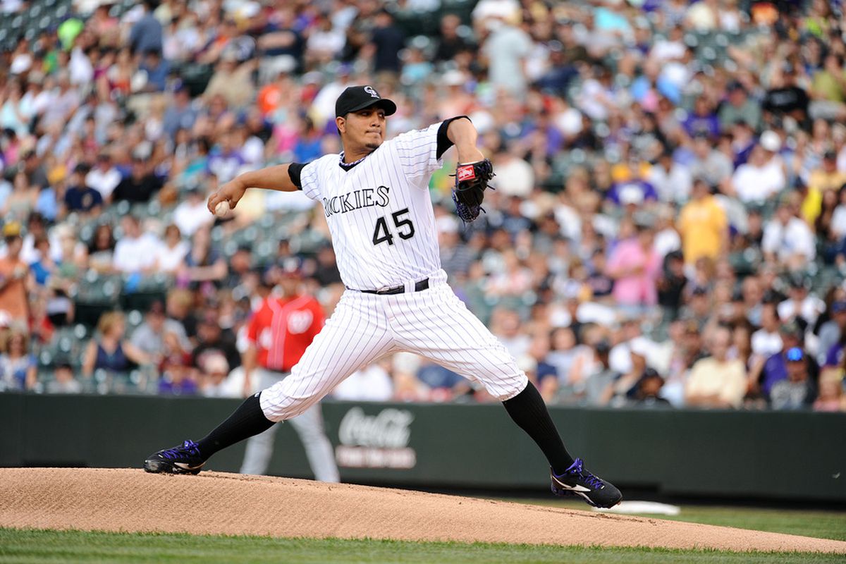 DENVER, CO - AUGUST 6:  Jhoulys Chacin #45 of the Colorado Rockies throws against the Washington Nationals during the game at Coors Field on August 6, 2011 in Denver, Colorado.  (Photo by Garrett W. Ellwood/Getty Images)