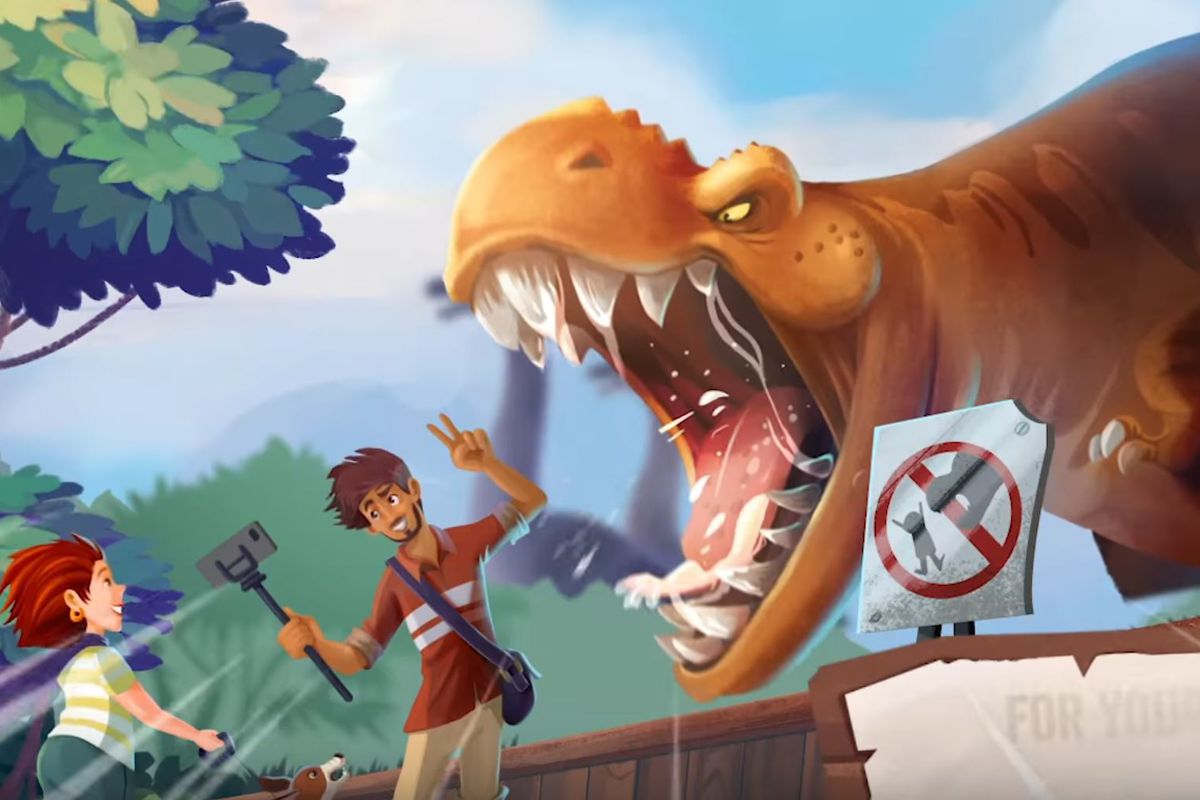 A T. rex growls at a guest, taking a selfie with a selfie stick, outside his pen. Cover art for Draftosaurus.
