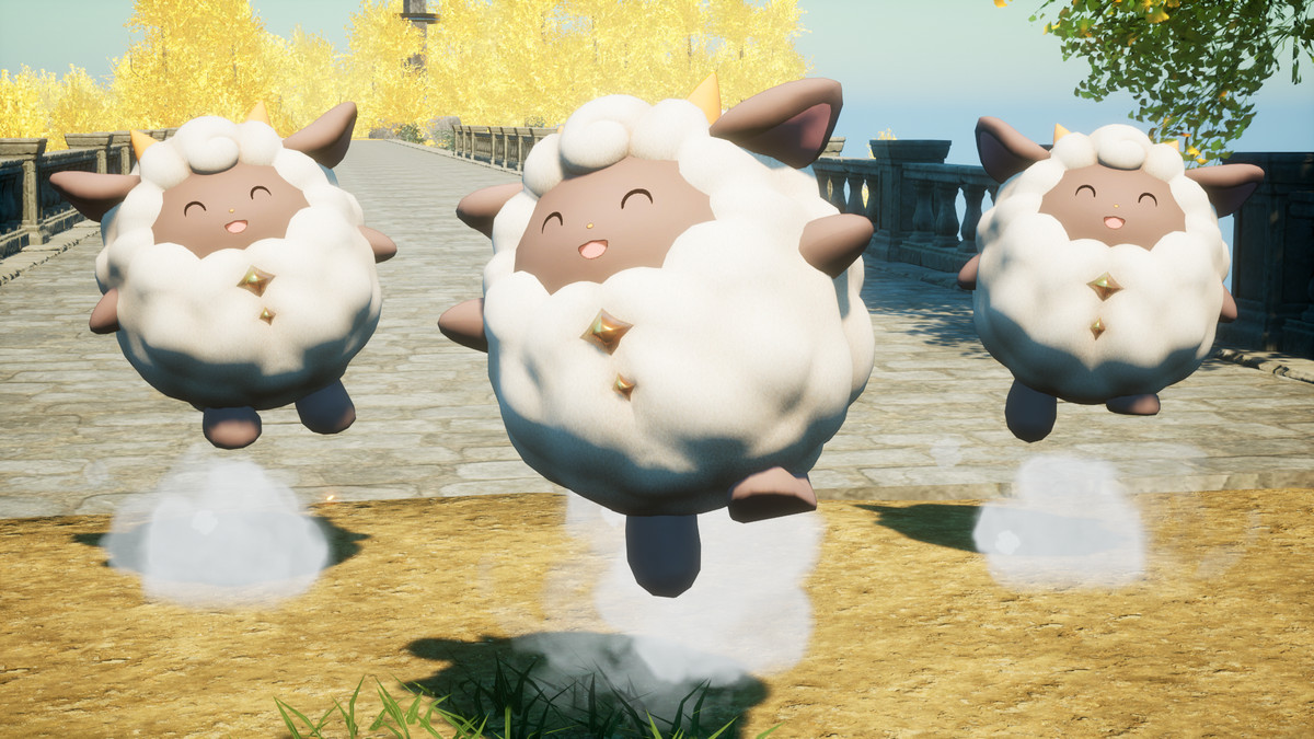 An image of three Lamballs jumping up for joy in Palworld. They look like round little sheep.