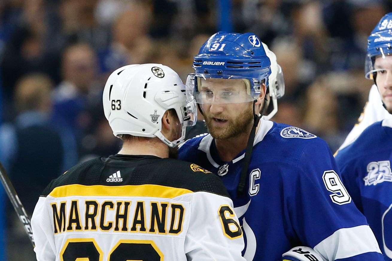 Brad Marchand and Steven Stamkos (in the handshake line, May 2018)