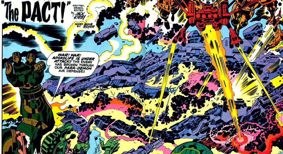 A double page spread of Apokaliptian troops from New Gods #7.
