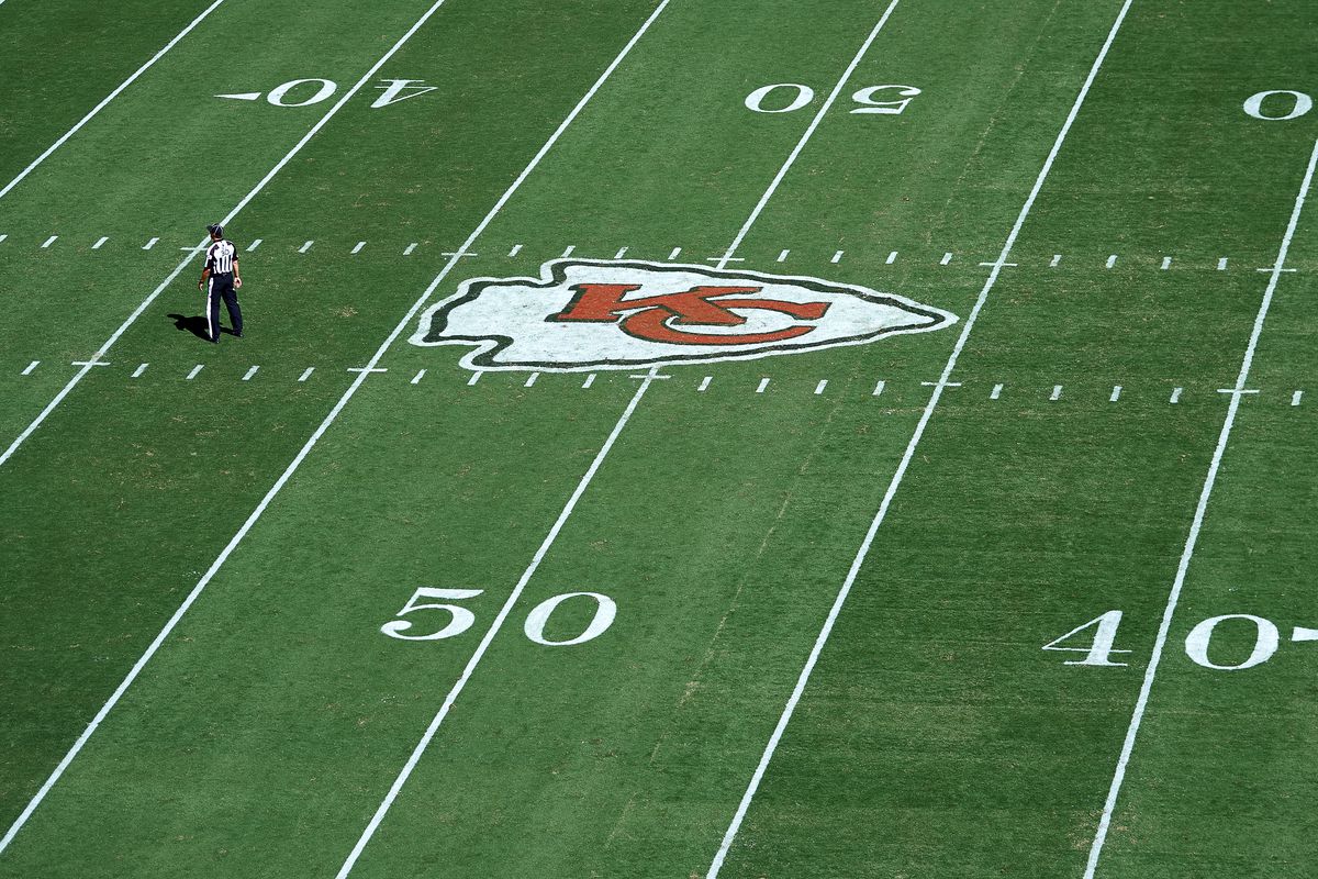 A general view of the Kansas City Chiefs logo is seen at the 50 yard line on the field at Arrowhead Stadium in action during an NFL game between the San Francisco 49ers and the Kansas City Chiefs on September 23, 2018, at Arrowhead Stadium in Kansas City, MO.