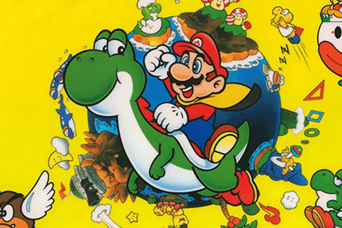 Super Mario World artwork featuring Mario riding Yoshi