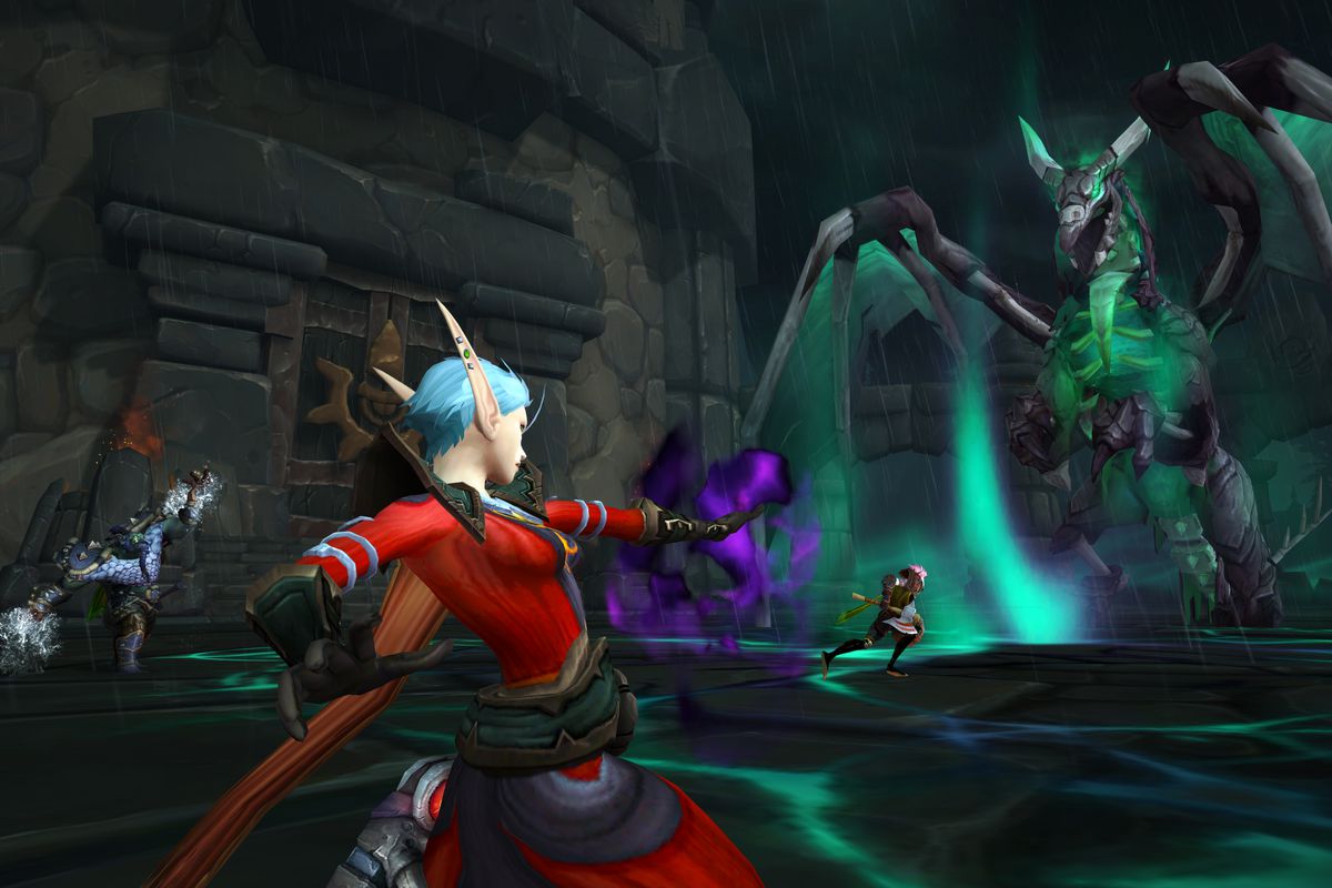 World of Warcraft- a selection of heroes, including a blood elf warlock, a fight a giant undead dragon in a dank cave.